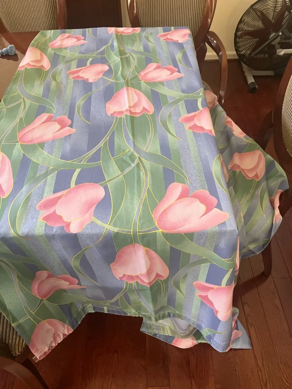 Floral Pink Tulip Shower Curtain Panel - Green & Blue Background